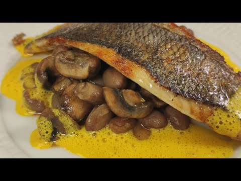 Dorade royale sauce safran, poêlée champignons haricots