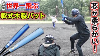 たぶん世界一飛ぶ軟式木製バット。芯が柔らかい。
