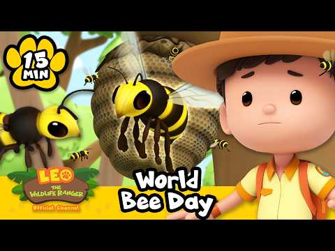 Animated wildlife-ranger boy beside a beehive with buzzing bees; 'World Bee Day' banner and Leo the Wildlife Ranger logo visible.