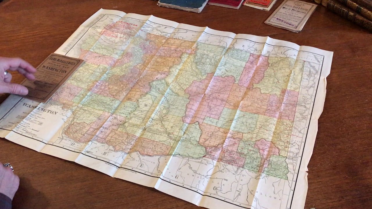 Washington State 1907 pocket map Rand McNally very large detailed color
