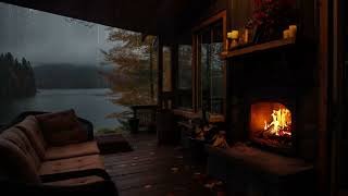 Heavy Rain Outside A Cozy Cabin | Fireplace Ambience By The Lake (1240 Hours)