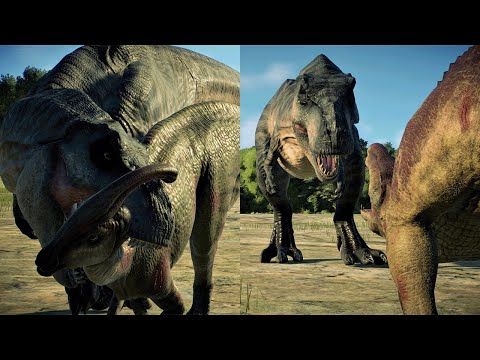 Big Eatie (T. Rex) HUNTS Parasaurolophus and FIGHTS Limbo (Baryonyx) - Jurassic World Evolution 2