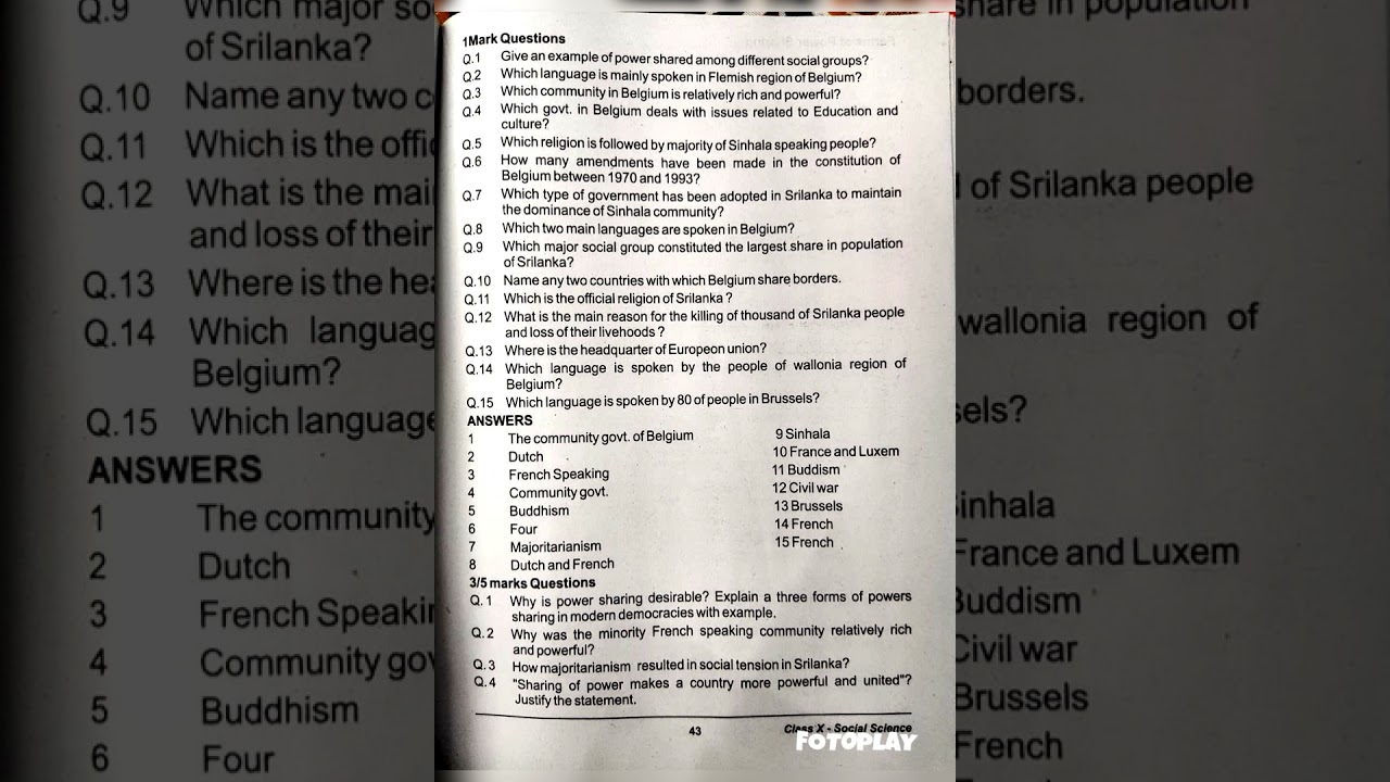 class 10 (Democratic politics) Power Sharing....1 mark Questions and long Questions
