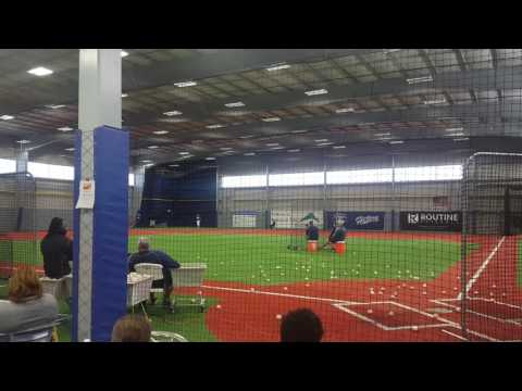 Garrett Gillund (2018 grad) Throw to home from center field.  Top position velo fall 2016 = 84mph