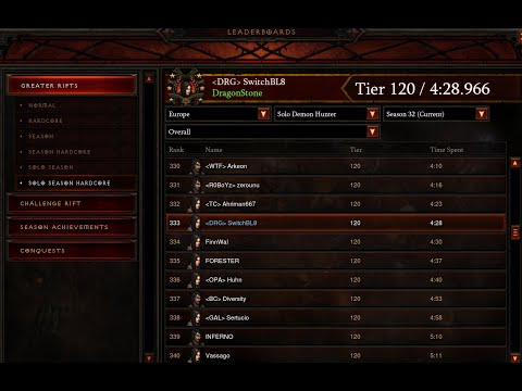 Diablo III - S32 - Solo Hardcore GoD Demon Hunter - Greater Rift 120 rank 333