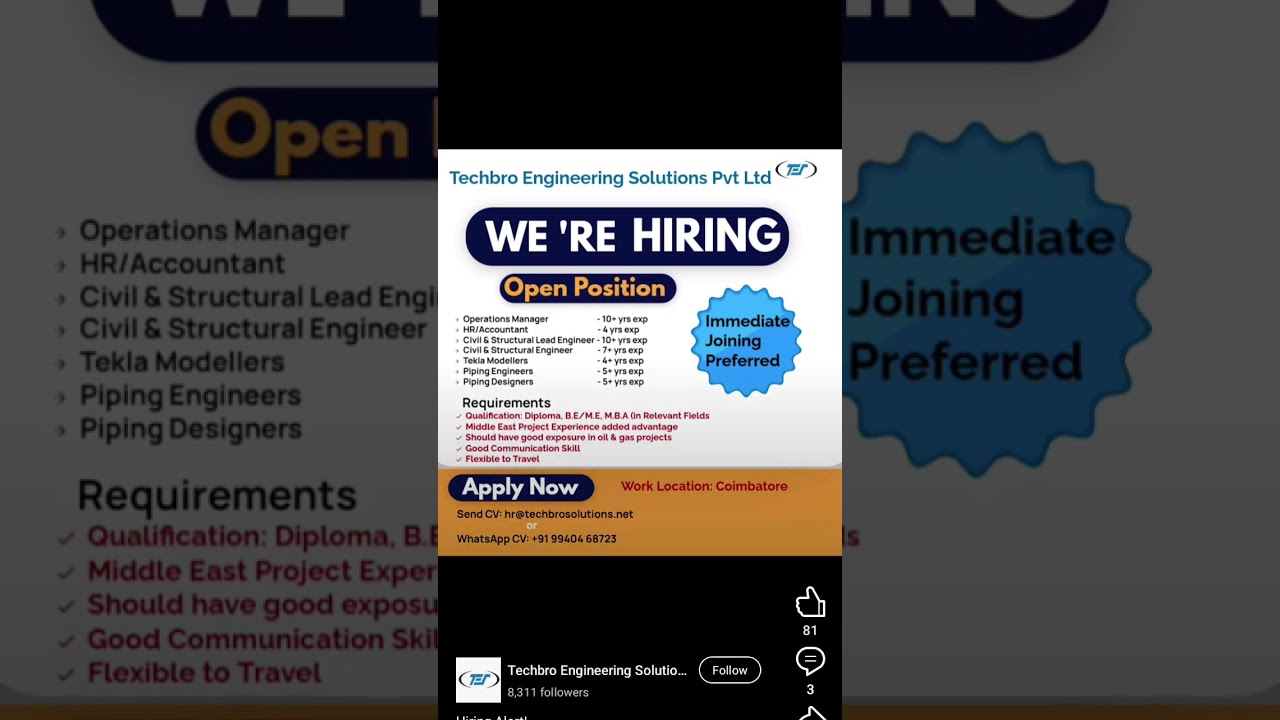 Hiring for #structuralengineering #structure #civilengineer #civilengineering #pipingengineering 👍