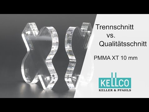 Acrylglas oder PMMA wird mit zwei unterschiedlichen Einstellungen lasergeschnitten. Das Video zeigt den Vergleich des langsamen und besonders glatten Qualitätsschnitts im Vergleich zu dem schnelleren und genauern Trennschnitt. Der Trennschnitt führt zu weniger Eigenspannungen im Material. 