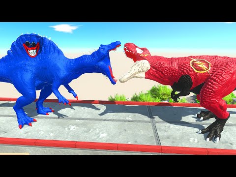 HUGGY WUGGY SPINO vs T-REX The Flash DEATH RUN - Animal Revolt Battle Simulator