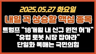 25.05.26(월) 내일 핵심 테마,종목/트럼프, 18개월 내 신규 원전 허가/유럽 로봇 시장 잡아라/단일화 목매는 국민의힘/#우리기술 #나우로보틱스 #형지i&c #피아이이