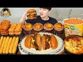 ASMR MUKBANG CHEESE BURGER Cheese Stick Fire Noodles Chicago Pizza Recipe Eating