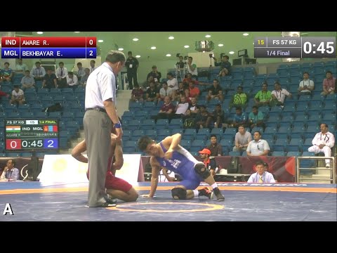 1/4 FS - 57 kg: E. BEKHBAYAR (MGL) df. R. AWARE (IND), 8-5