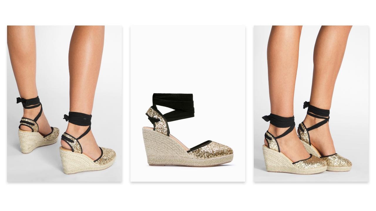 Złote brokatowe espadryle na koturnie Pola - DeeZee.pl