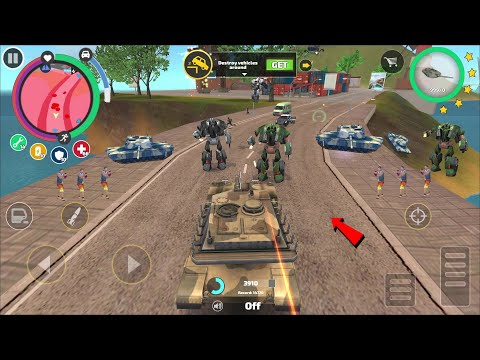 Rope Hero Vice Town - (khaki army tank fight dual police car robot) Tank and Robot Car on Sea Bridge
