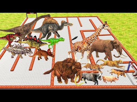 Dinosaurs vs Animals Speed Race Swirl Course from Outside to Inside Animal Revolt Battle Simulator