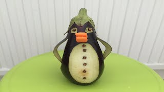 Eggplant carving to be penguin - Fruit &amp; vegetable carving by Nidnoi kitchen
