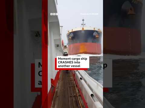 Moment a cargo ship crashes into another vessel near Singapore. #BBCNews
