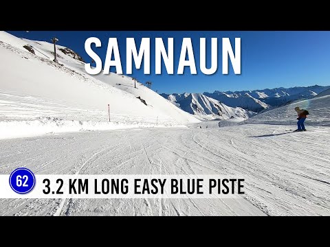 Skiing 3.2km long easy blue piste 62 in Ischgl Samnaun