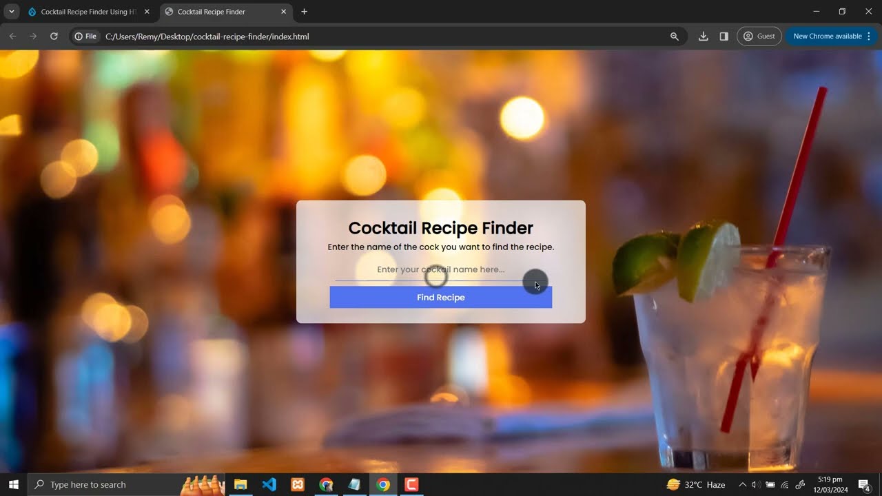 Cocktail Recipe Finder Using HTML, CSS and JavaScript with Source Code
