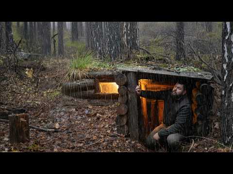 Rainy Night in a Log Earth Shelter | Solo ASMR