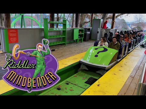 Off-ride footage of a Riddler Mindbender train