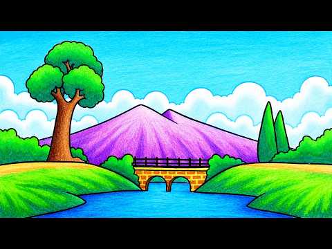 easy mountain scenery drawing | how to draw scenery of mountain river and bridge with oil pastels