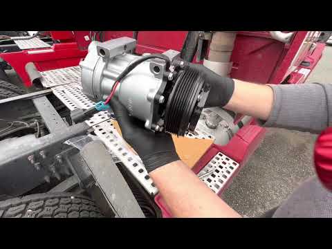 AC Compressor replacement on Cummins ISX Volvo Freightliner Peterbilt Kenworth. Mechanics shop ASMR.