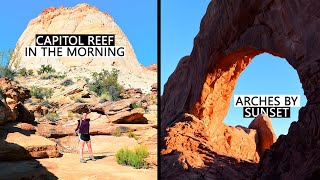 Capitol Reef Scenic Drive, Capitol Gorge hike, Fiery Furnace Permits and Arches Windows at Sunset