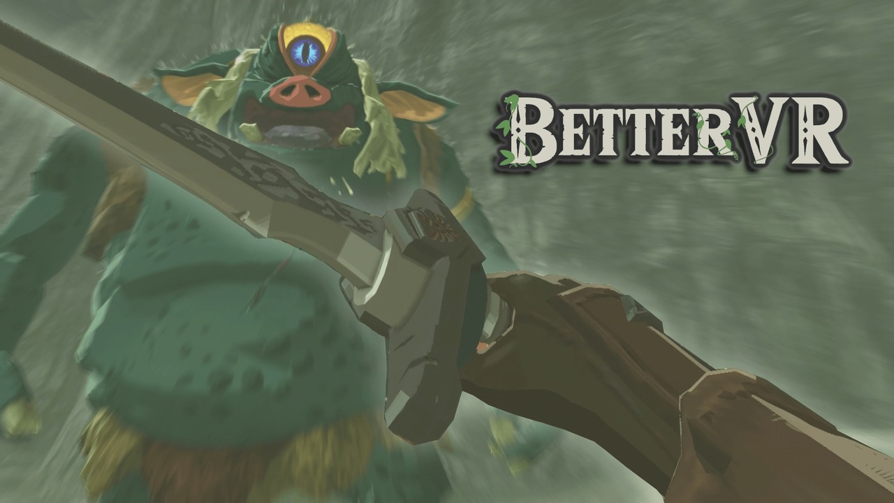 First-person view in Breath of the Wild VR, holding a sword raised toward a Bokoblin, with the BetterVR logo overlaid