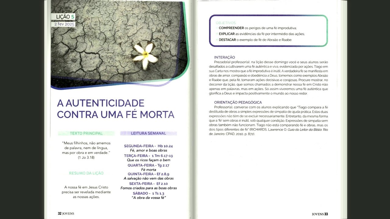 SUBSÍDIO LIVRO DE APOIO LIÇÕES BÍBLICAS JOVENS CPAD - LIÇÃO 5 - A AUTENTICIDADE CONTRA UMA FÉ MORTA