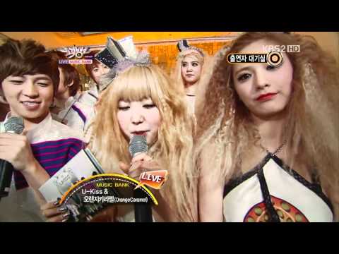 110401 U-KISS @ Music Bank - Behind the stage with Orange Caramel.