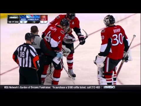 Chris Kreider gets tripped, takes out Craig Anderson goal Feb 21 2013 NY Rangers vs Ottawa Senators
