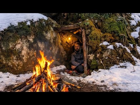 Building a hidden Bushcraft Survival Shelter Alone in Frozen Wilderness | Primitive living 