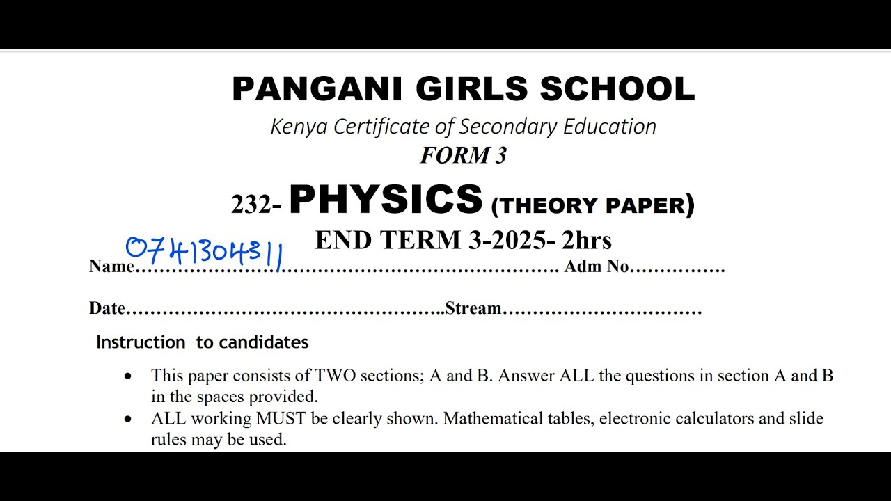 PANGANI GIRLS SCHOOL FORM 3 PHYSICS END TERM 3 2025 | FULL PAPER WITH SOLUTIONS
