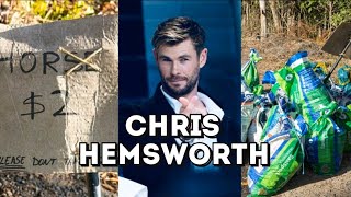 Chris Hemsworth loads horse manure into a ute in Byron Bay