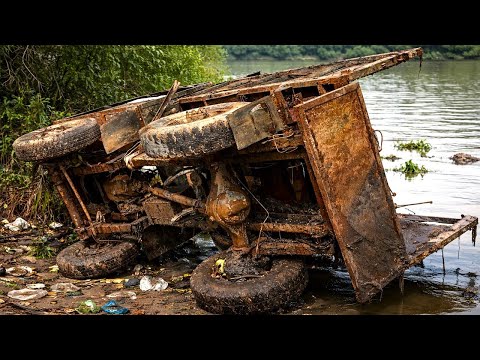 Restoration An Old Construction Material Truck Abandoned In A River After An Accident Restoration