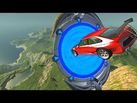 BeamNG.drive - Cars Jumping into Time Machine Portal to Dinosaur Time