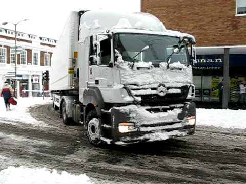Lorry skidding in the snow in Guildford