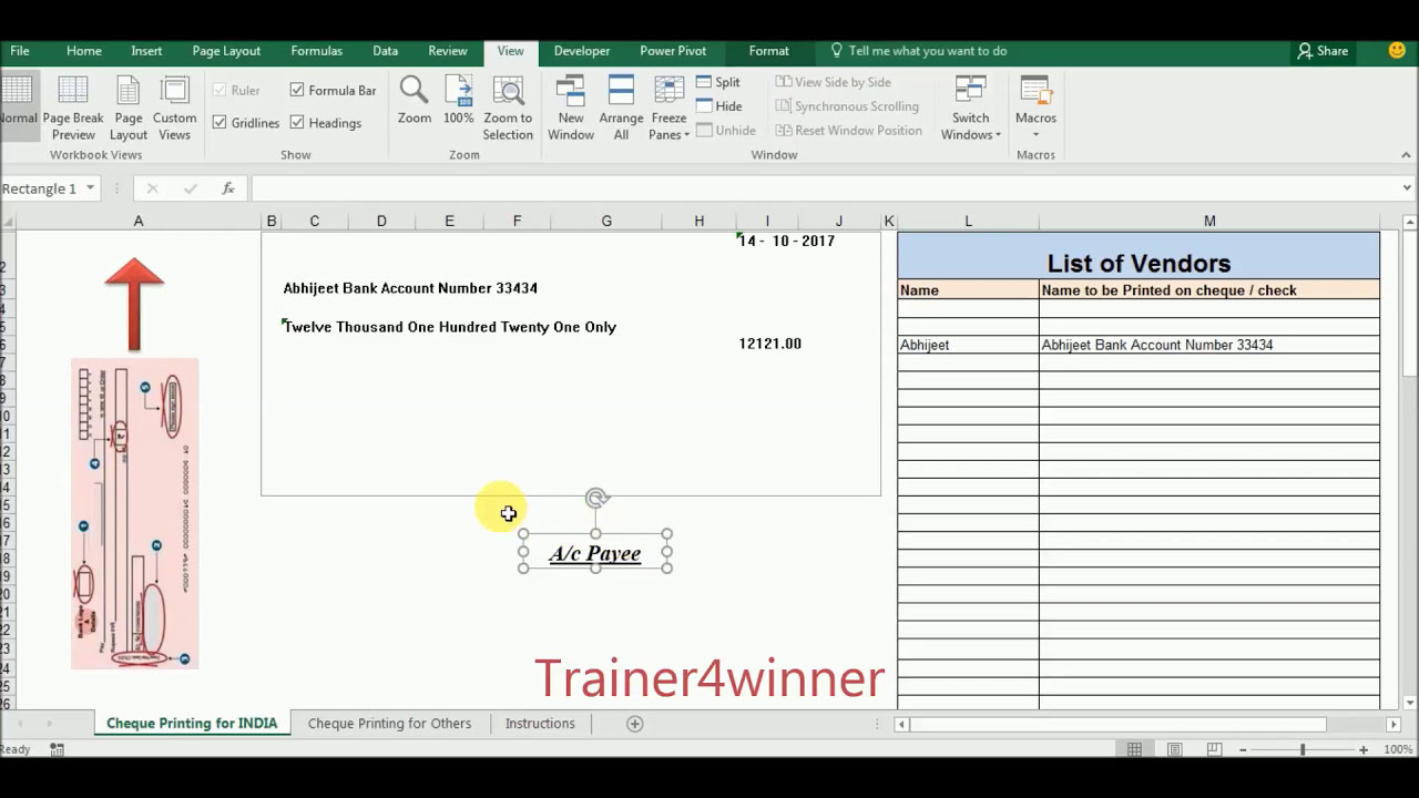 Cheque amount printing using Microsoft Excel