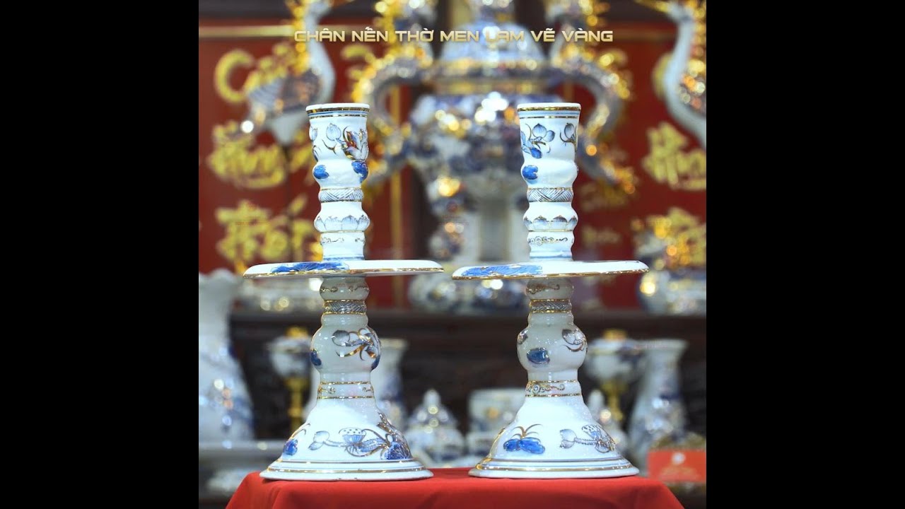 Cặp Chân Nến Thờ Men Lam Vẽ Vàng Họa Tiết Hoa Sen