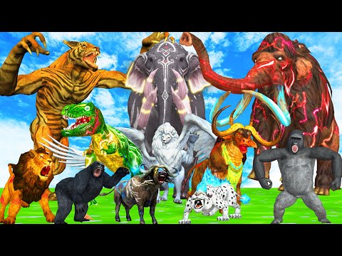 15 Mammoth Elephant Cow Bufallo vs 5 Giant Tiger Wolf Zombie Fight Baby Cow  Saved By Woolly Mammoth