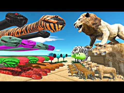 Giant Snake Team Fights Lion King Team - Animal Revolt Battle Simulator