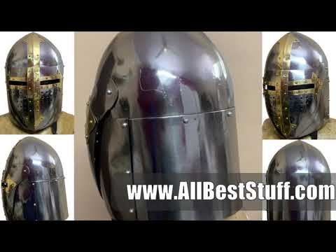 Watch YouTube Video for Medieval Sugar Loaf Helmet with hinged Visor 16 Gauge Steel Polished