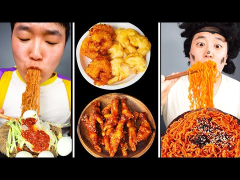 Spicy Mala RICE CAKE Tteokbokki, Fire Noodles, Sweet Sour Shrimps Mukbang! Chinese Food ASMR
