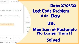 YouTube video 'Max Sum of Rectangle No Larger Than K || Leetcode Daily Challenge'