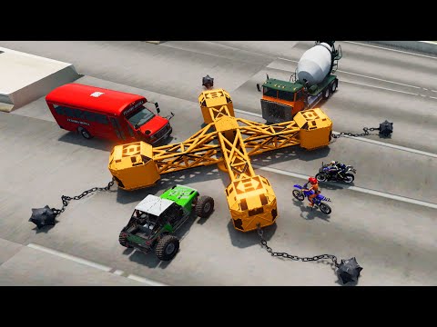 Large Spinner With Ball And Chain Vs Cars (Tank trucks, Bus, Supercars..)⏩ BeamNG DRIVE | Car BinS