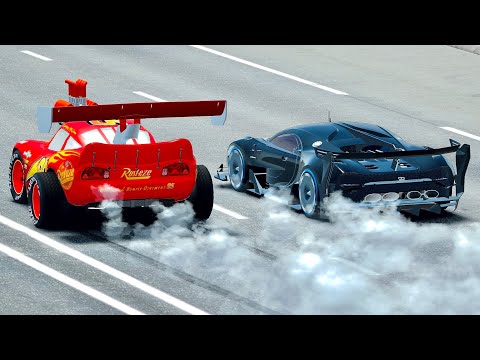 Lightning McQueen Dragster vs Bugatti Black Devil Concept DRAG RACE at 24 KM Straight Road