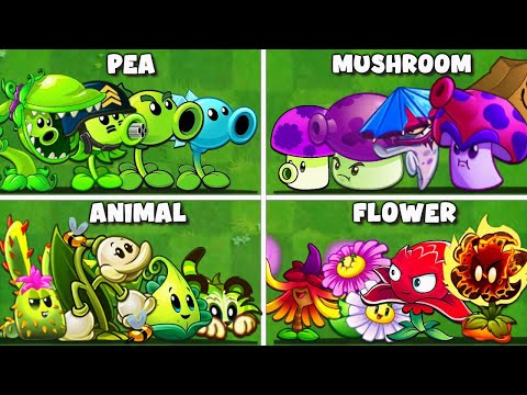 PvZ2 4 Team Plant PEA x ANIMAL x FLOWER x MUSHROOM vs Team Zombie - Who Will Win?