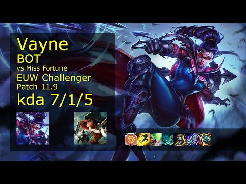 Vayne ADC vs Miss Fortune - EUW Challenger 7/1/5 Patch 11.9 Gameplay