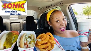 🚘 SONIC Mukbang | 🌭Chicago Hot Dog & All American Hot Dog 🌭 Crunchy Onion Rings | ASMR Burping