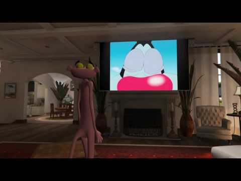 Pink Panther watching Oggy and cockroaches cartoon